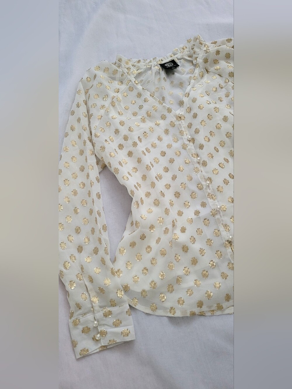 NWOT! Polka Dot Fall Top Gold Foil Pearl Embellished Women's Sheer Blouse Small - Picture 7 of 17